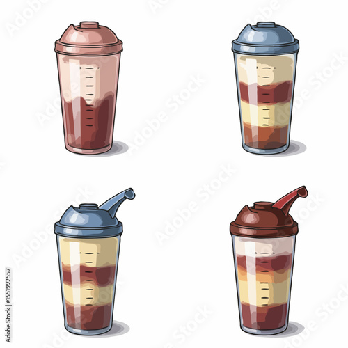 A set of four isolated cartoon protein shakers in various colors filled with layered sports drinks [on a white background] [with spaces for text]