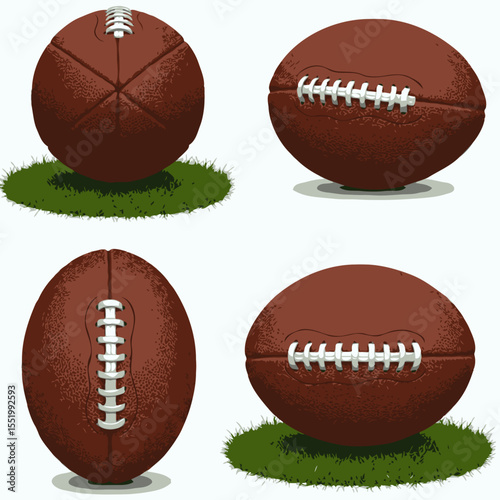 Four realistic brown American footballs from different views on green grass patches [for sports games] [with spaces for text]