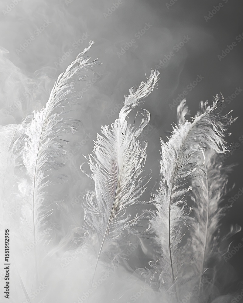 Obraz premium Three tall white feathers rising dramatically through soft, textured smoke.