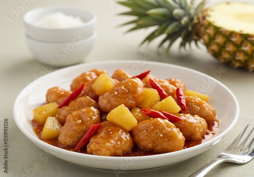 달콤새콤 파인애플 닭고기 볶음 요리 사진 따뜻한 조명 아래 맛있게
