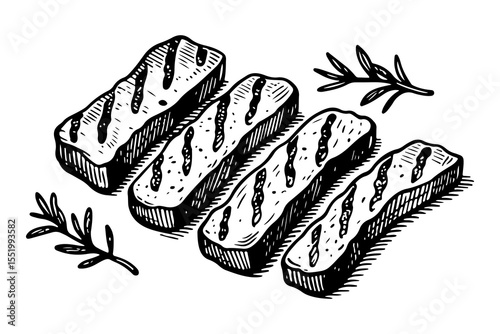 Seitan foods vector engraving style illustration