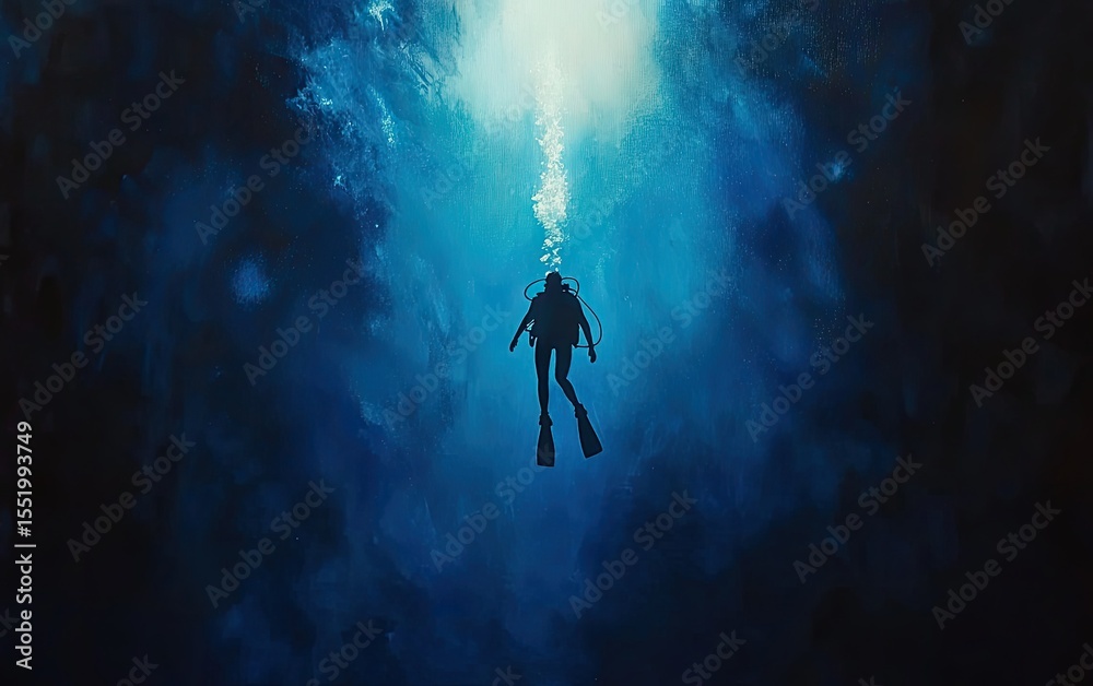 Fototapeta premium Solitary diver in deep blue water.