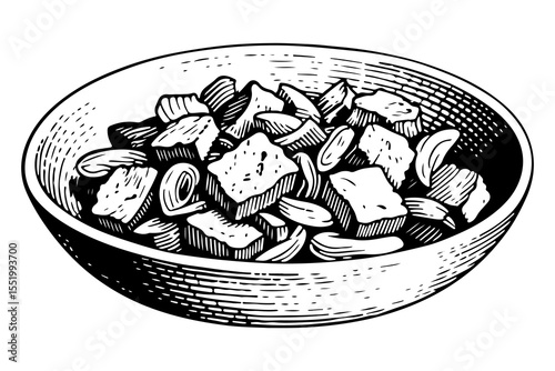 Seitan foods vector engraving style illustration