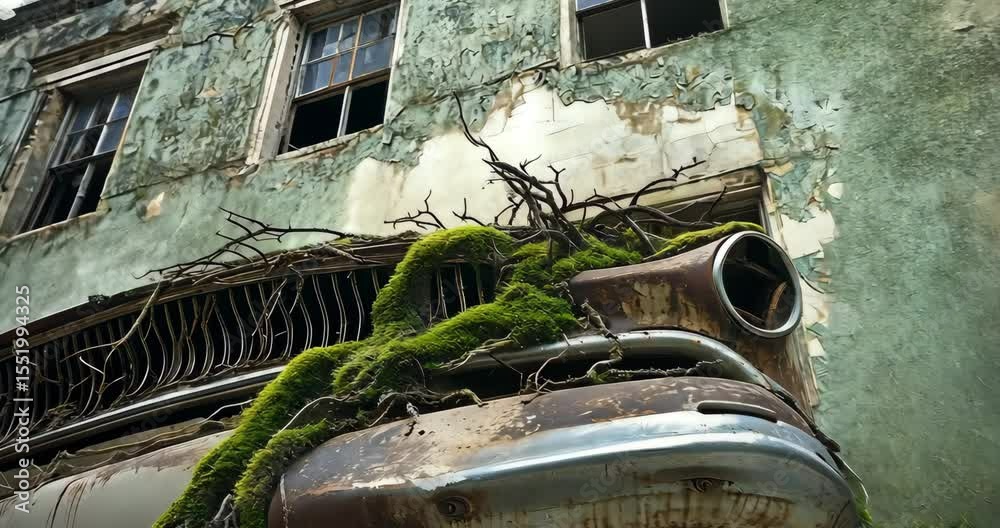 Low angle static shot: An abandoned, rusty car overgrown with moss and vines sits in front of a weathered building.