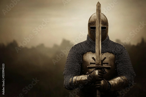 Knight stands ready to battle with sword and flail in dark atmosphere