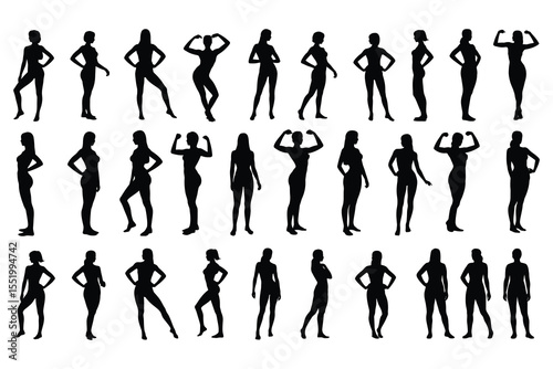 Collection of diverse female silhouettes in various poses isolated on white background