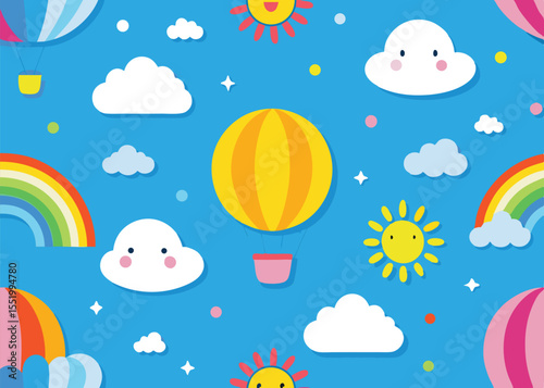 Whimsical seamless pattern featuring hot air balloons floating among fluffy clouds