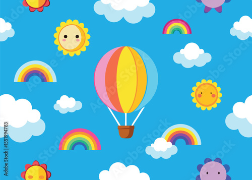 Whimsical seamless pattern featuring hot air balloons floating among fluffy clouds