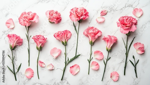Photo of pink carnations and petals on a white marble background, top view with copy space for text.