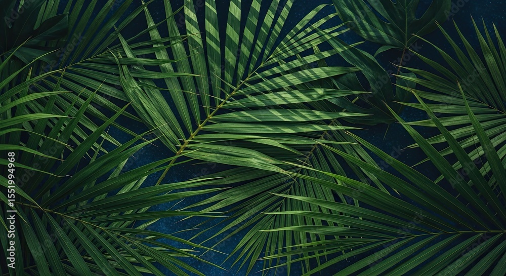 Obraz premium Lush Palm Fronds Against a Deep Teal Backdrop, Tropical Foliage Texture