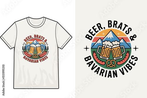Beer Brats and Bavarian Vibes T Shirt Design with Retro Mountain Scene