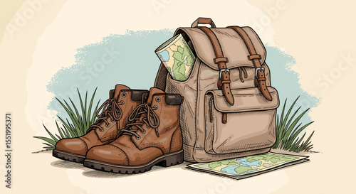 Adventure awaits with hiking boots, a backpack, and a map for exploration outdoors