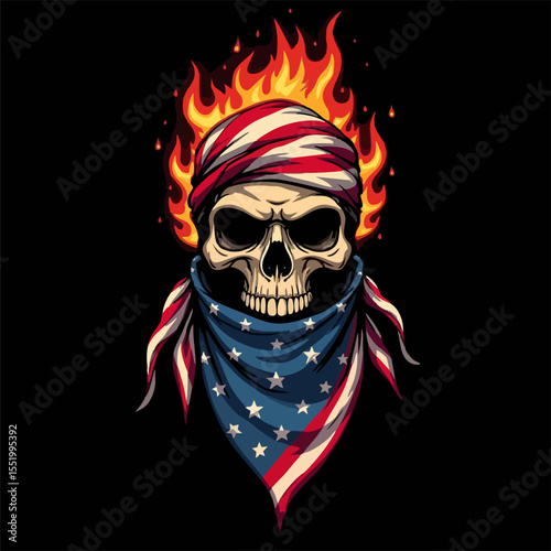 Biker vector t-shirt design with fire human skull
with usa flag bandana, flame on black
background.
Fashionable print for fabric, paper, men clothing,
hoodie, jacket. T shirt template.