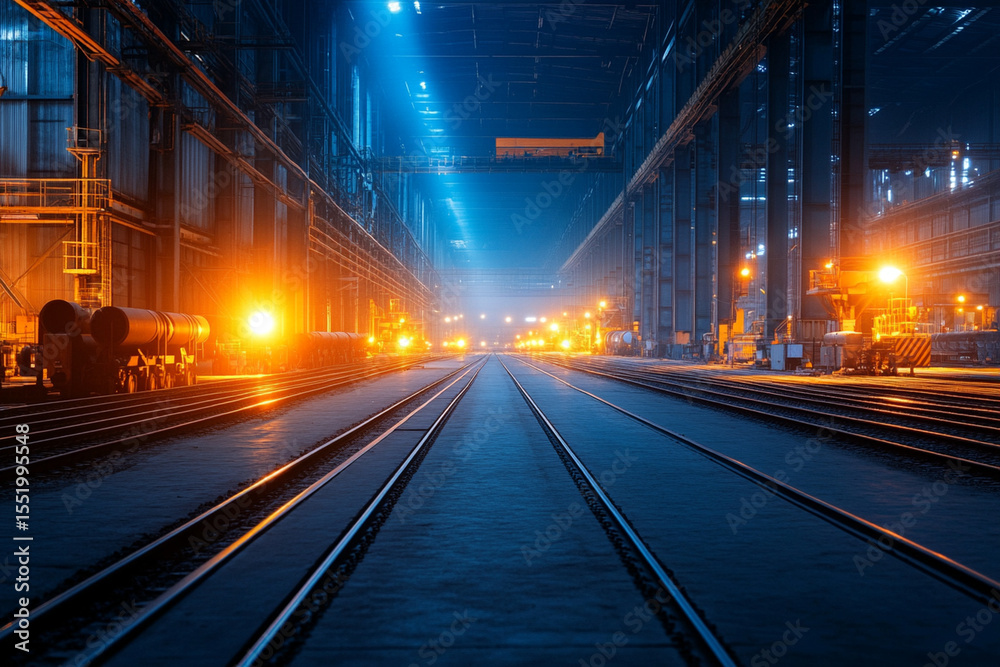 Fototapeta premium Warehouse filled with stacked steel pipes under warehouse lights