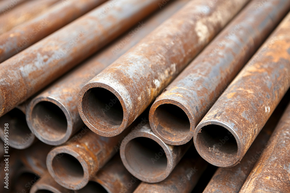 Steel pipes stacked chaotically in a warehouse for construction use Steel pipes stacked chaotically in a warehouse for construction use