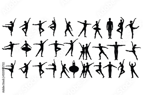 Collection of diverse ballet dancer silhouettes in various poses isolated on white background