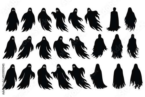 Collection of black ghost silhouettes in various poses isolated on white background