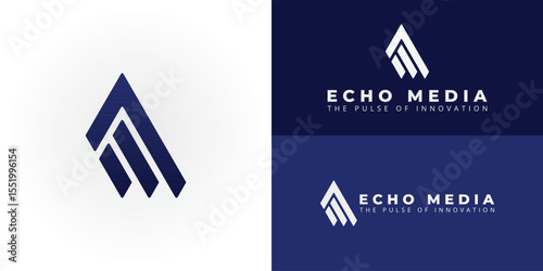 Dynamic EM monogram logo designed with ascending multi-bar forms. It is ideal for communications and technology, symbolizing growth, data flow, and modern connectivity solutions.