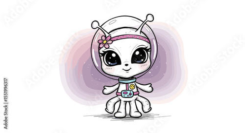 Charming Cartoon Alien Girl Astronaut with Flower Headband in Space Illustration