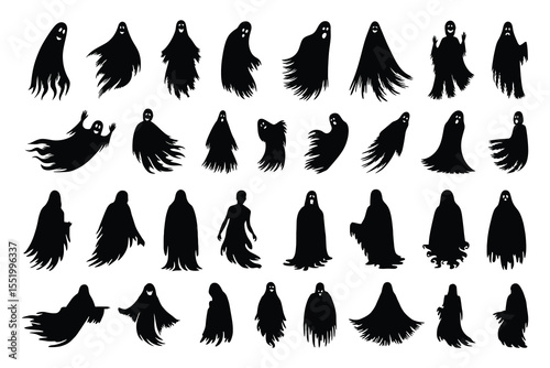 Collection of diverse black ghost silhouettes in various poses isolated on white background