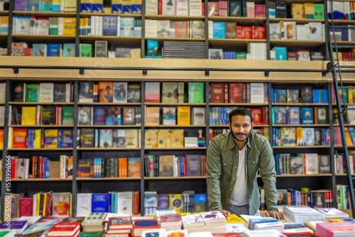 Man in jacket standing in book shop with books on shelves