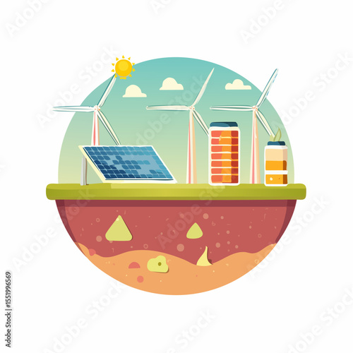 Illustration of renewable energy sources on a circular platform over an earth cutaway