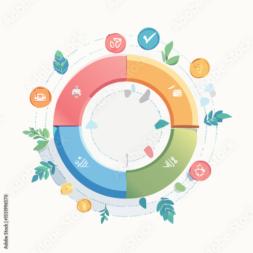 Circular diagram with icons in segments surrounded by leaves and dots