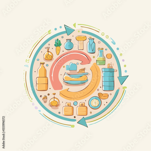 Circular diagram depicts a recycling process with jars bottles and arrows