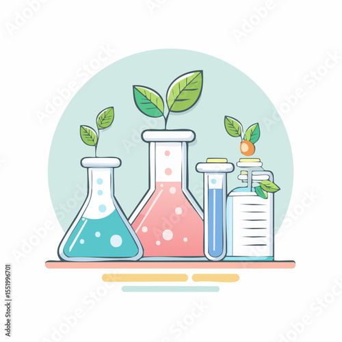 Beakers with plants various shapes colors on a shelf against a pastel background circle