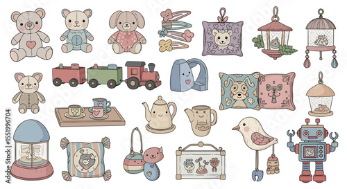 Charming Hand-Drawn Illustration of Toys and Accessories for Children and Playtime