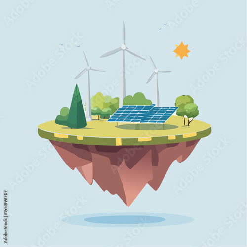 A floating island with wind turbines solar panels and trees under a sun