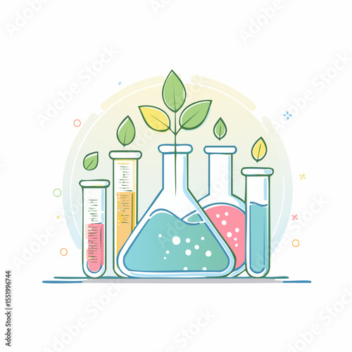 Lab glassware contains liquids and plants