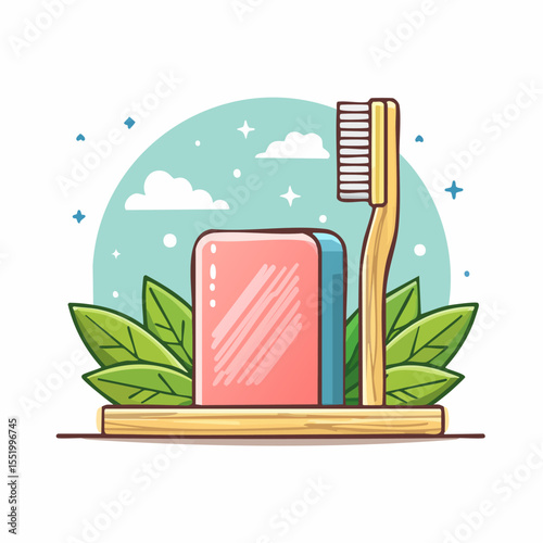 Illustration of a toothbrush soap and plant leaves on a wooden platform