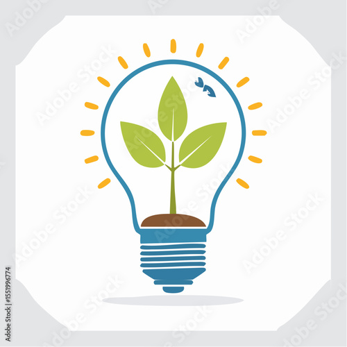 A blue lightbulb with a green plant inside and yellow rays