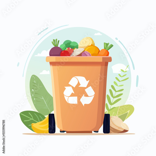 Orange bin filled with veggies banana and nut recycle symbol