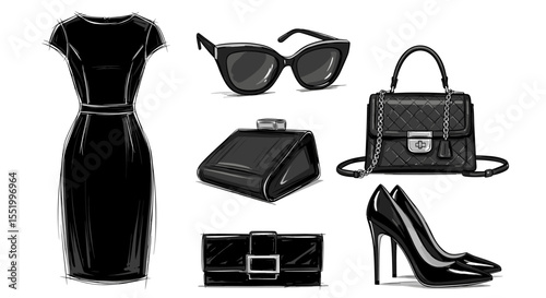 Chic Fashion Illustration: Little Black Dress and Accessories Collection Style