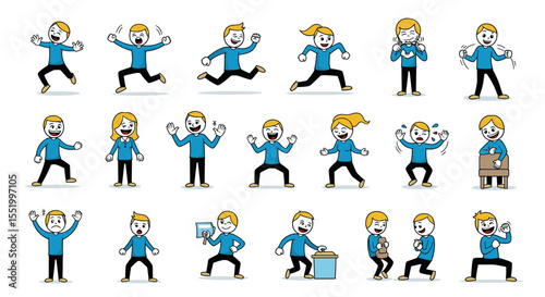 Collection of cartoon characters displaying various emotions and actions in vector format