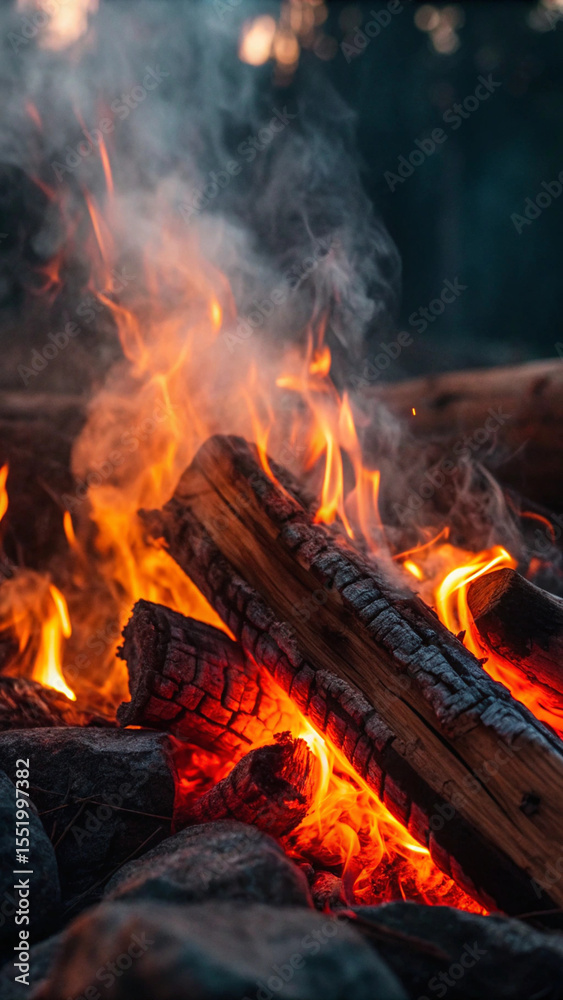 Close-Up of Glowing Embers and Burning Logs in a Campfire Close-Up of Glowing Embers and Burning Logs in a Campfire