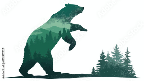 vector illustration of a flat silhouette of a bear standing on its hind legs, with its body filled with a deep, earthy dark mossy green