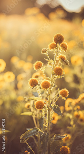 Bright yellow wildflowers with round, fluffy heads sway gently in a sunlit field, creating a vibrant and cheerful atmosphere in nature's beautiful landscape