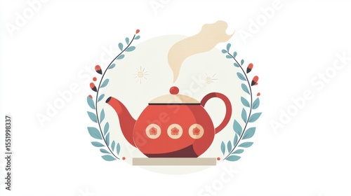Stylized Teapot Steaming Surrounded by Botanical Wreath on White Backdrop