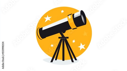Telescope With a Tripod Against Orange Circle and White Star Background