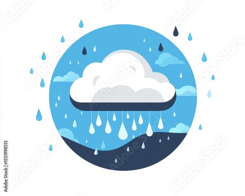Animated Cloudy Weather Icon Depicting Raindrops Falling in a Circular Blue Environment