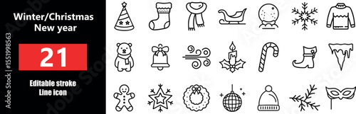 21 Winter, Christmas & New Year Line Icons Set – Editable Stroke Vector Art for Festive Designs