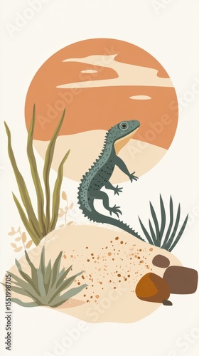 Illustration of a Spiny Lizard with Desert Plants and Rock Formations Against Orange Solar Backdrop