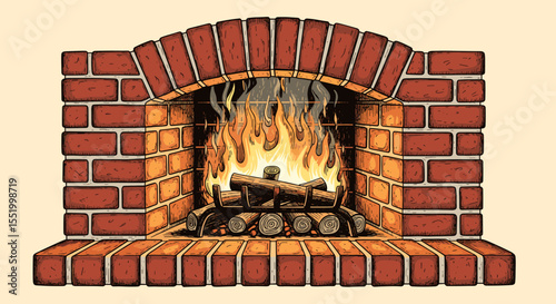 Cozy brick fireplace illustration with burning logs and warm flickering flames