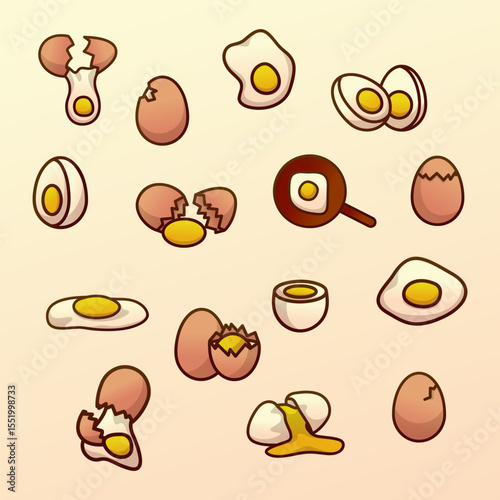 Cute Egg Vector Set. Boiled, Fried, Cracked Egg Icons in Colorful Cartoon Style for Breakfast and Food Design