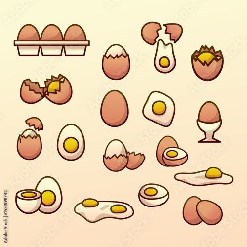 Cute Egg Vector Set. Boiled, Fried, Cracked Egg Icons in Colorful Cartoon Style for Breakfast and Food Design