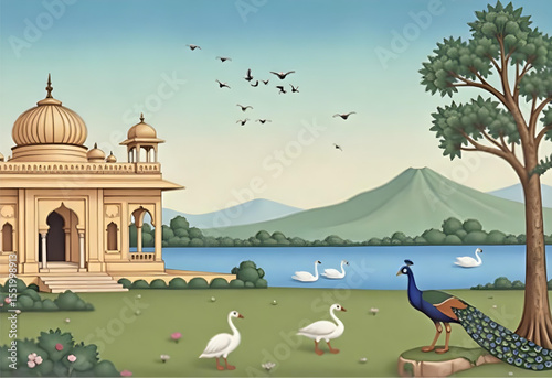 Mughal garden lake with swan, peacock, arch, and dome — detailed botanical tree landscape vector illustration for wallpaper, mural, and interior decor