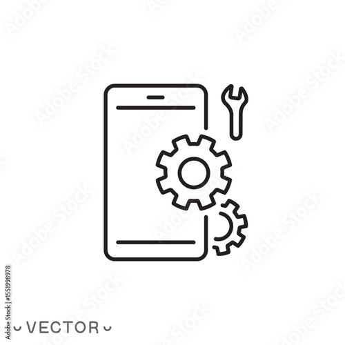 setting up applications on a mobile phone icon, configuration and install on phone, thin line symbol isolated on white background, editable stroke eps 10 vector illustration